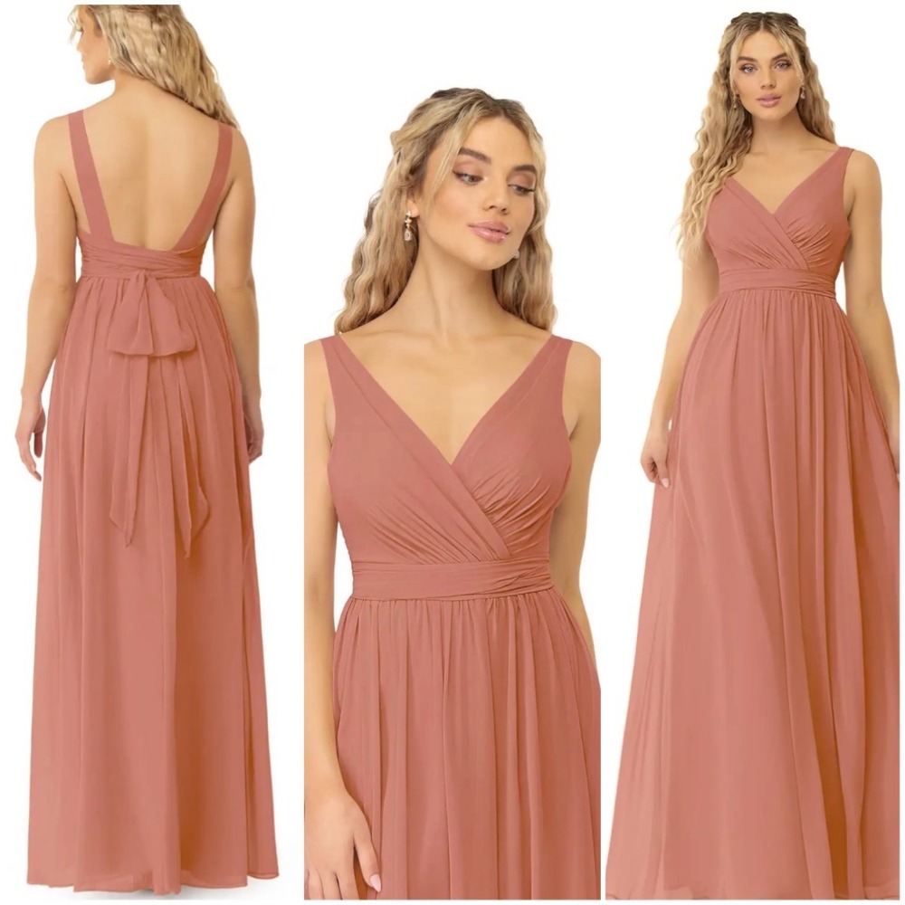 Azazie Kora Bridesmaid Dress V-Neck Maxi Mai Tai Peach Size‎ C 14 XL Prom Formal